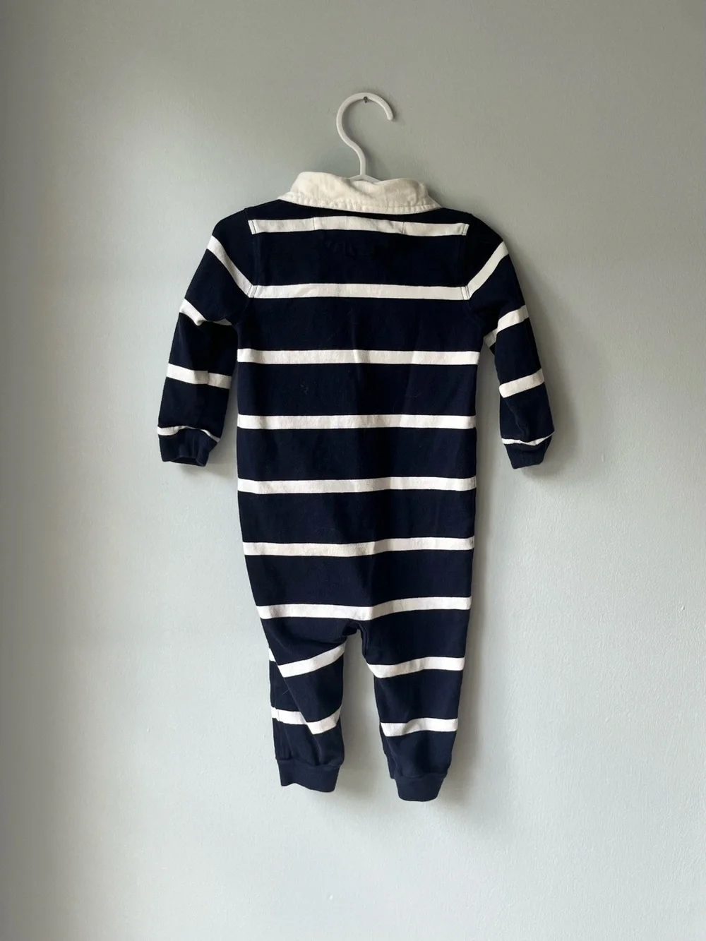 Kid's Ralph Lauren Navy & White Striped Rugby Polo One-Piece with Red Pony- 12M